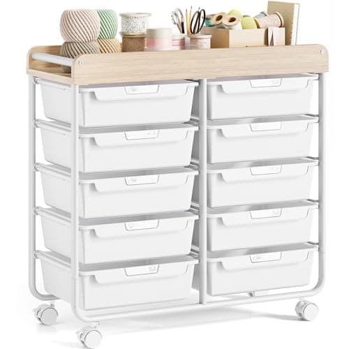 Rolling Storage Cart with 10 Large Drawers, Utility Cart with Wooden TableTop for Craft Organizers, Art Supply Storage, Home Office Organization, Cart with Wheels for Classroom, School, White - Image 1