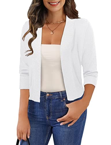 GoMamee Women's Classic 3/4 Sleeve Open Front Kint Cropped Cardigans Bolero Shrug for Dresses, White M - Image 1