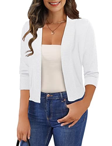 GoMamee Women's Classic 3/4 Sleeve Open Front Kint Cropped Cardigans Bolero Shrug for Dresses, White M - Image 1
