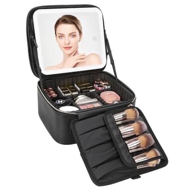 Relavel Travel Makeup Bag With LED Mirror, Cosmetic Train Case with Light up Mirror, Portable Makeup Artist Organizer Bag with Adjustable Dividers, Makeup Brush Holder Storage, Black - Image 1