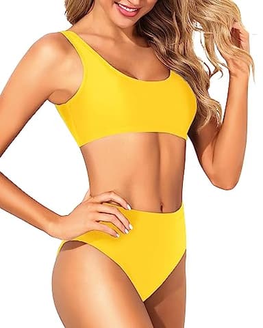 Tempt Me Women Neon Yellow Two Piece Scoop Neck Bikini Crop Top Swimsuit Sporty High Waisted Bathing Suit S - Image 4