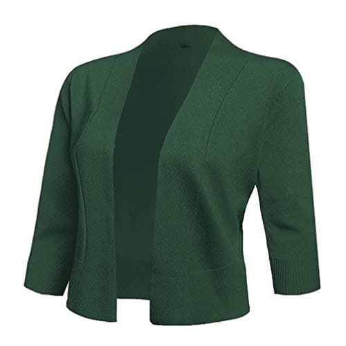AAMILIFE Women's 3/4 Sleeve Cropped Cardigans Sweaters Jackets Open Front Short Shrugs for Dresses (Large, Dark Green)