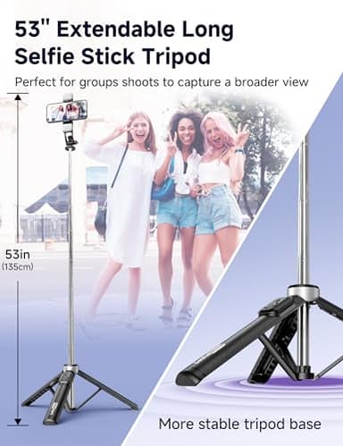 53'' Selfie Stick Tripod with Light, Extendable Selfie Stick with Remote, Portable Cell Phone Tripod Stand with All in 1 Phone Clip, Lightweight Camera Tripod Compatible with iPhone 15 14 13, Android - Image 3