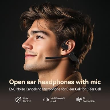 CXK Open Ear Headphones with Mic, Bluetooth Headset with AI Noise Cancellation Microphone Bluetooth 5.3 Air Conduction Headphones Wireless Headset with Mic for Work Call Meeting Driving - Image 2