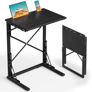 Evermagin 21''Wx28''H Folding TV Tray for Eating, Small Foldable C-Shaped Tray Table with Tablet and Phone Slots, Slide Under Couch Side Table for Recliner, Living Room, Bedroom, Black - Image 1