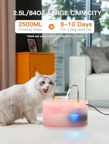 Cat Water Fountain, 84OZ/2.5L Cat Fountain, Super Silent Pet Water Fountain, Activated Carbon Filter, Translucent Pet Water Dispenser Suitable for Multiple Pets Family (Pink) - Image 2