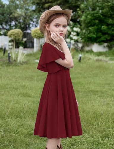 Arshiner Girl's Summer Dresses Ruffle Short Sleeve Swing Flowy Midi Casual Sundress with Pockets A Wine Red Toddler 4-5 Y - Image 3