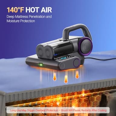 FEPPO Mattress Vacuum Cleaner, 16Kpa Bed Vacuum Cleaner with 253.7nm UV-C Light, 140°F Heat, HEPA Filter & Ultrasonic, Versatile Handheld Vacuums for Bed, Sofa, Couch, Crib(Corded, 500W) - Image 4