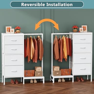HIGDBFE Dresser with Hanging Rack, 4 Drawers Small Closet for Bedroom, Reversible Fabric Chest of Drawers with Clothes Rack, Tall Storage Tower, Sturdy Frame, White, 44''H - Image 8