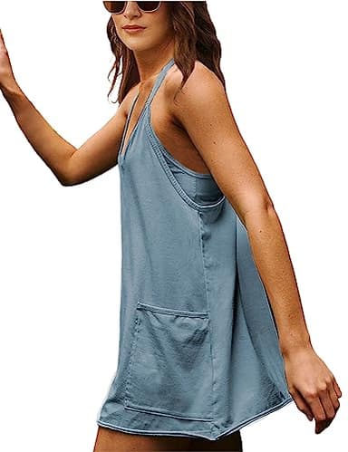 Lentta Womens Athletic Sleeveless Mini Dress with Built-in Shorts V Neck Spaghetti Strap Sundress(Bluegrey-L) - Image 4