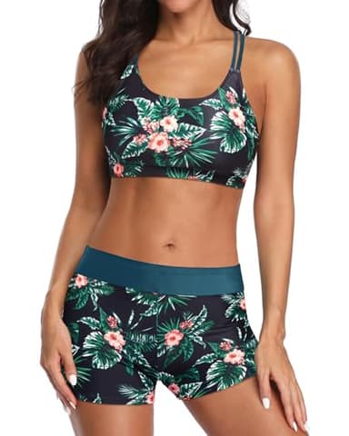 Holipick Green and Flower 3 Piece Tankini Swimsuits for Women Tummy Control Bathing Suits Swim Tank Top with Bra Boy Shorts Teen Swimwear M - Image 5