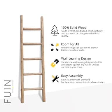 FUIN 57in Wood Blanket Ladder Living Room Decorative Wall Leaning Farmhouse Quilt Display Holder Rustic Wooden Towel Rack for Bathroom, Brown - Image 7