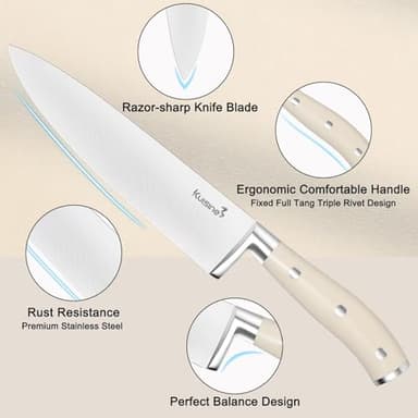Kuisine Chef Knife Set,High Carbon Stainless Steel Sharp Knife Set Ergonomic Handle,Kitchen Knife Block Set with Built-in Sharpener(Ivory Pro,15PCS) - Image 4