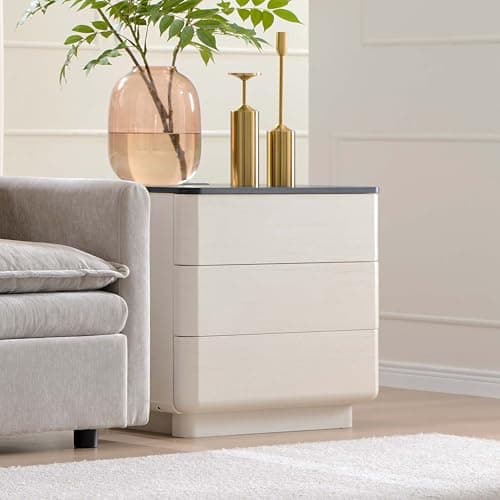JXQTLINGMU 22" Modern Nightstand with Charging Station, Large Push-to-Open End Table, Wood Bedside Table w/Curved Profile Design, Handleless 3 Drawer Night Stand for Bedroom, Living Room, 70-Off-White - Image 1