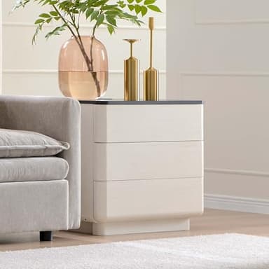 JXQTLINGMU 22" Modern Nightstand with Charging Station, Large Push-to-Open End Table, Wood Bedside Table w/Curved Profile Design, Handleless 3 Drawer Night Stand for Bedroom, Living Room, 70-Off-White - Image 1