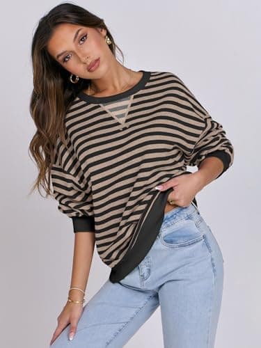 ANRABESS Women Striped Sweatshirts Oversized Crewneck Long Sleeve Shirts Y2K Pullover Top 2025 Fall Outfits Fashion Clothes Black Grey Large - Image 6