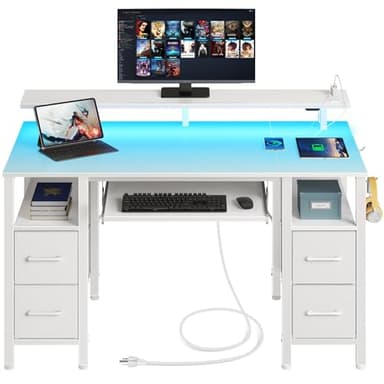 Seventable White Computer Desk with Drawers, Gaming Desk with Keyboard Tray, Office Desk with LED Lights & Power Outlets, 47 inch Writing Desk with Monitor Stand for Small Space - Image 1