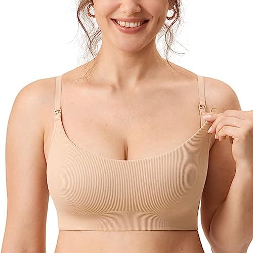MOMANDA Ribbed Nursing Bras for Breastfeeding Support Maternity Sports Bra Wireless Seamless Sleep Bralettes Beige Medium - Image 1