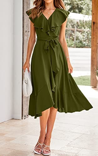 PRETTYGARDEN Women Summer Bohemian Slit Ruffle Beach Dresses Casual Wrap V Neck Tie Dress A-Line Swing Midi Sun Dress (Army Green,X-Large) - Image 2