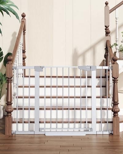 Cumbor 29.7-46" Baby Gate for Stairs, Mom's Choice Awards Winner - Auto Close Dog Gate for House, Easy Install Pressure Mounted for Doorways, Easy Walk Thru Wide Safety for Pets, Silver - Image 1