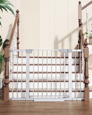 Cumbor 29.7-46" Baby Gate for Stairs, Mom's Choice Awards Winner - Auto Close Dog Gate for House, Easy Install Pressure Mounted for Doorways, Easy Walk Thru Wide Safety for Pets, Silver - Image 1