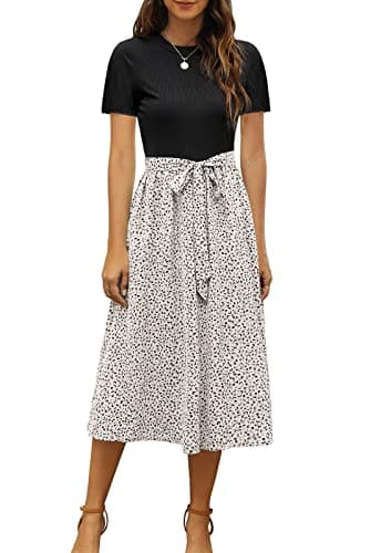 Zattcas Women Summer Short Sleeve Ribbed Midi Dress with Pockets Casual Work Dress Black L - Image 1