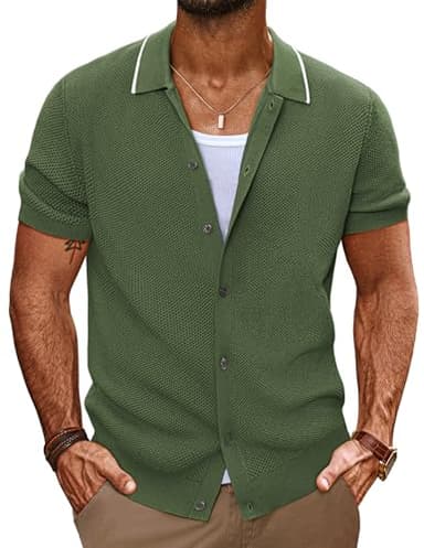 Men's Knit Short Sleeve Button Down Shirt Vintage Striped Polo Shirts Textured Shirt Army Green - Image 1