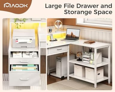 AODK L Shaped Desk with 5 File Drawers, 75" Reversible L Shaped Computer Desk with Power Outlet & LED Strip, Office Desk with Storage Shelves, Gaming Table with Monitor Shelf, Corner Table, White - Image 6