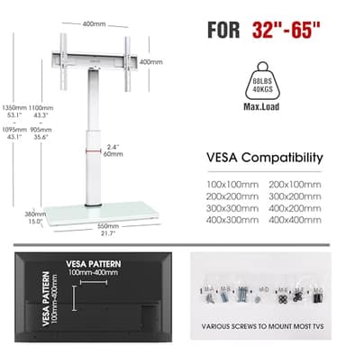AOKCOS Swivel TV Floor Stand for 32-65 Inches TVs, 8 Level Height Adjustable Corner Small TV Stand Mount for Living Room/Bedroom, Holds up to 88 lbs,MAX VESA 400x400mm,White - Image 8