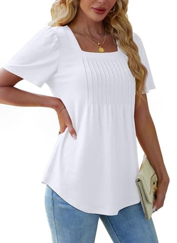 Plus Size Women Blouses Trendy Fashion Clothing Summer Outfits Beach Vacation Clothes Blouses Dressy Casual Short Sleeve Shirts 2025 Square Neck White Tops XXXL - Image 4
