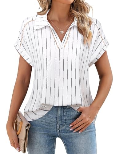 Timeson Summer Blouses for Women 2024: Short Sleeve Office Work Clothes - Womens Tops Dressy Casual - Business Professional Attire Ladies Dress Shirts V Neck Elegant Loose Fit Peasant White Striped L - Image 1