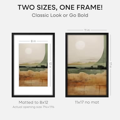 Homeforia 11x17 Picture Frame Black Wood, High End Oak 11x17 Poster Frames with Mat 8x12, 11 x 17 Wooden Frame Matted to 8 x 12 inch Photo, 17x11 Thin Hanging Frame, Tempered Glass, Wall Kit, Set of 1 - Image 2