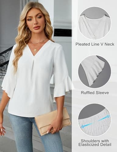 Blooming Jelly Womens 3/4 Length Sleeve Tops Summer Dressy Business Casual Blouses Work Shirts Chiffon V Neck Outfits 2025(White,Large) - Image 2