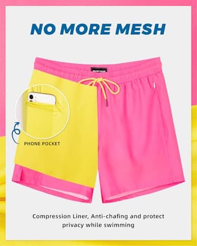 SURF CUZ Mens Swim Trunks with Compression Liner Mens Swimming Trunks 5 Inch Bathing Suit with Zipper Pockets Quick Dry Swim Shorts Pure Bright Pink Large - Image 2