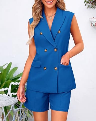 BTFBM Womens Blazer Vest Shorts Sets Lapel Neck Casual Sleeveless Button Down Office Summer 2 Piece Lounge Matching Sets(Solid Royal Blue, X-Large) - Image 7