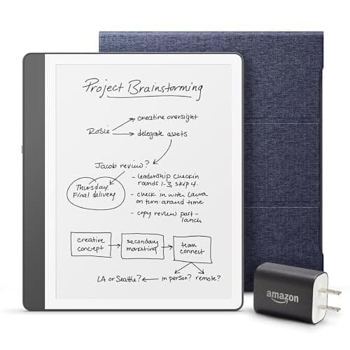 New Amazon Kindle Scribe Essentials Bundle including New Kindle Scribe (64 GB) - Tungsten, Premium Pen, Fabric Folio-Denim, and Power Adapter