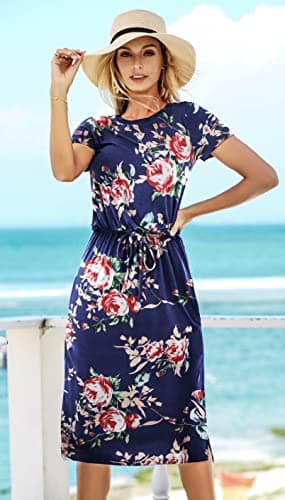 Womens Spring Pockets Modest Work Casual Midi Knee Length Dress Floral Navy XL - Image 4