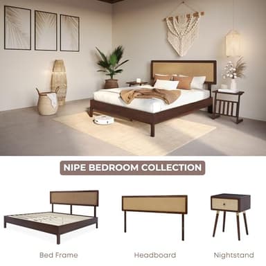 Bme Nipe Queen 14 Inch Bohemian Bed Frame with Adjustable Woven Headboard - Rustic & Vintage Unique Style with Acacia Wood - No Box Spring Needed - Easy Assembly - Walnut - Image 7