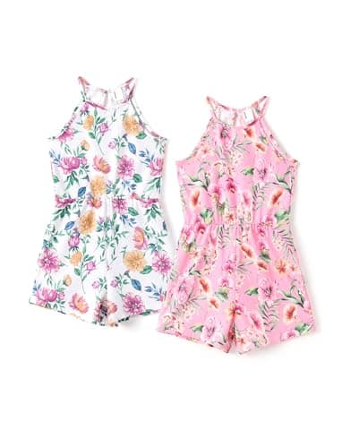PATPAT Girls Rompers Size 9-10 White Pink Floral Print 2 Pack Rompers For Girls Sleeveless Halter Neck Wide Leg One Piece Spaghetti Strap Jumpsuits Shorts Spring Outfits Tropical Jumpsuits - Image 1