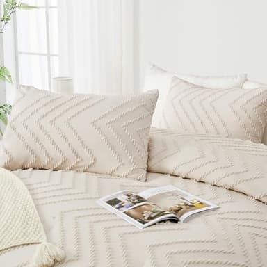 Andency King Size Comforter Set Beige, Boho Cream Soft Warm Tufted Neutral Bedding Comforter Sets for King Size Bed, 3 Pieces Aesthetic Chevron Farmhouse Cute Bohemian Textured Bedding Set - Image 4