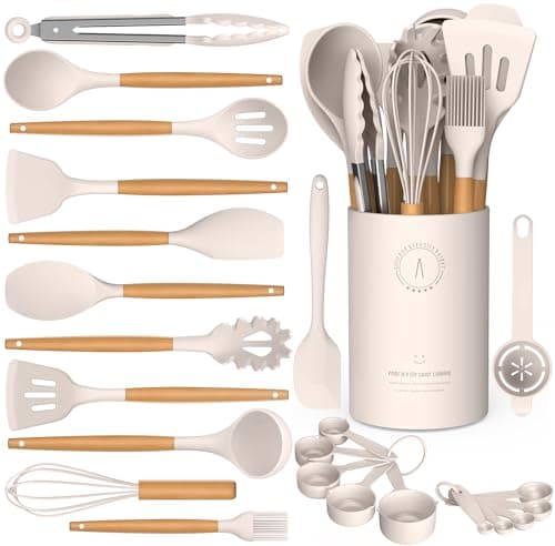 Silicone Cooking Utensils Set - Silicone Kitchen Utensils for Cooking Wooden Handles, 446°F Heat Resistant Kitchen Utensil Spatula Sets w Holder, Gadgets for Non-Stick Cookware BPA FREE (Khaki) - Image 1