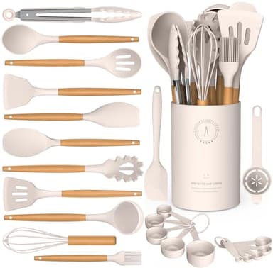 Silicone Cooking Utensils Set - Silicone Kitchen Utensils for Cooking Wooden Handles, 446°F Heat Resistant Kitchen Utensil Spatula Sets w Holder, Gadgets for Non-Stick Cookware BPA FREE (Khaki) - Image 1