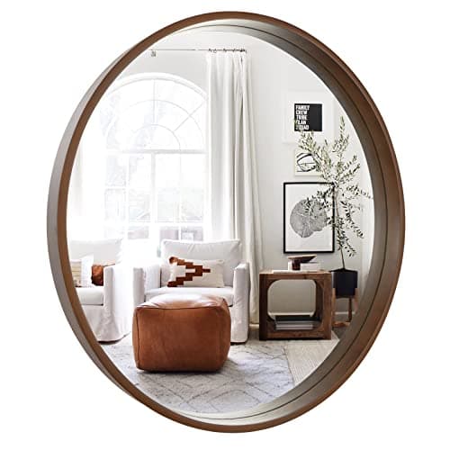 WallBeyond Circle Mirror with Wood Frame, 28" Round Modern Decoration Large Home Decor Mirror for Bathroom Living Room Bedroom Entryway (28" Diameter, Walnut) - Image 1