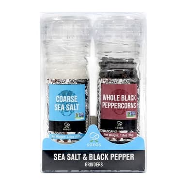 Soeos Sea Salt 3.5 oz + Black Peppercorns 1.8 oz, Salt for Grinder Refill, Salt and Peppercorns, Pepper Grinder Refill, Non-GMO Spice Seasoning Set For Cooking (150g Grinders, Glass Bottle) - Image 2