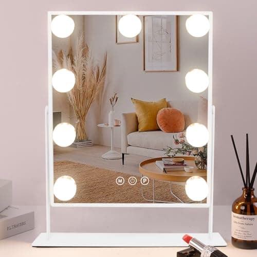 COOLJEEN Vanity Mirror with Lights, 9 Led Bulbs Lighted Makeup Mirror with Detachable 10X Magnification Mirror, Hollywood Mirror 3 Color Lights Tabletop Makeup Mirror, 360°Rotation - Image 1