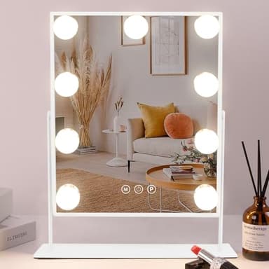 COOLJEEN Vanity Mirror with Lights, 9 Led Bulbs Lighted Makeup Mirror with Detachable 10X Magnification Mirror, Hollywood Mirror 3 Color Lights Tabletop Makeup Mirror, 360°Rotation - Image 1
