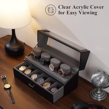 ProCase Watch Case for Men, 10 Slot Watch Display Stand with Acrylic Lid, Watch Display Case with Drawer, 2-Layer Mens Watch Box, Watch Holder Organizer for Men Women -Black - Image 5