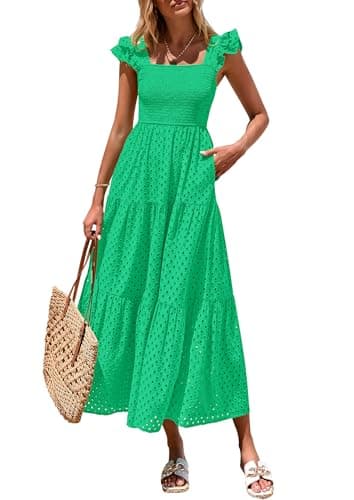PRETTYGARDEN Womens Summer Square Neck Maxi Dresses Cap Sleeve Eyelet Smocked Tiered A Line Flowy Long Dress with Pockets (Green,Medium) - Image 1
