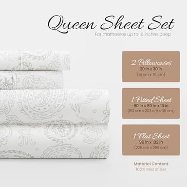 Linen Market Double-Brushed Patterned Microfiber Queen Sheet Set 4 Piece – Oeko-TEX Certified Ultra Soft & Wrinkle-Free - 16" Deep Pocket Sheets - Easy Care Queen Size - Coarse Paisley Light Gray - Image 2