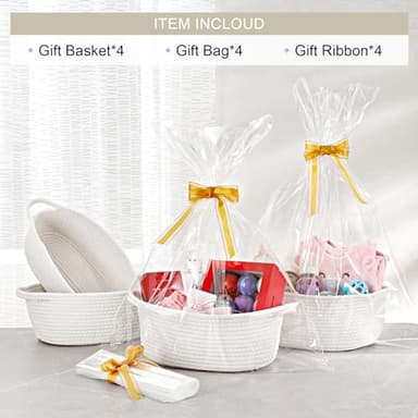 4 Pack Small Woven Basket with Handles, All 12"x 8"x 5", Cotton Rope Room Shelf Storage Basket, Cat Toys, Cute Baby Gift Basket with Gift Bags and Ribbons for Nursery, Empty Decorative Gift Chest Box - Image 2